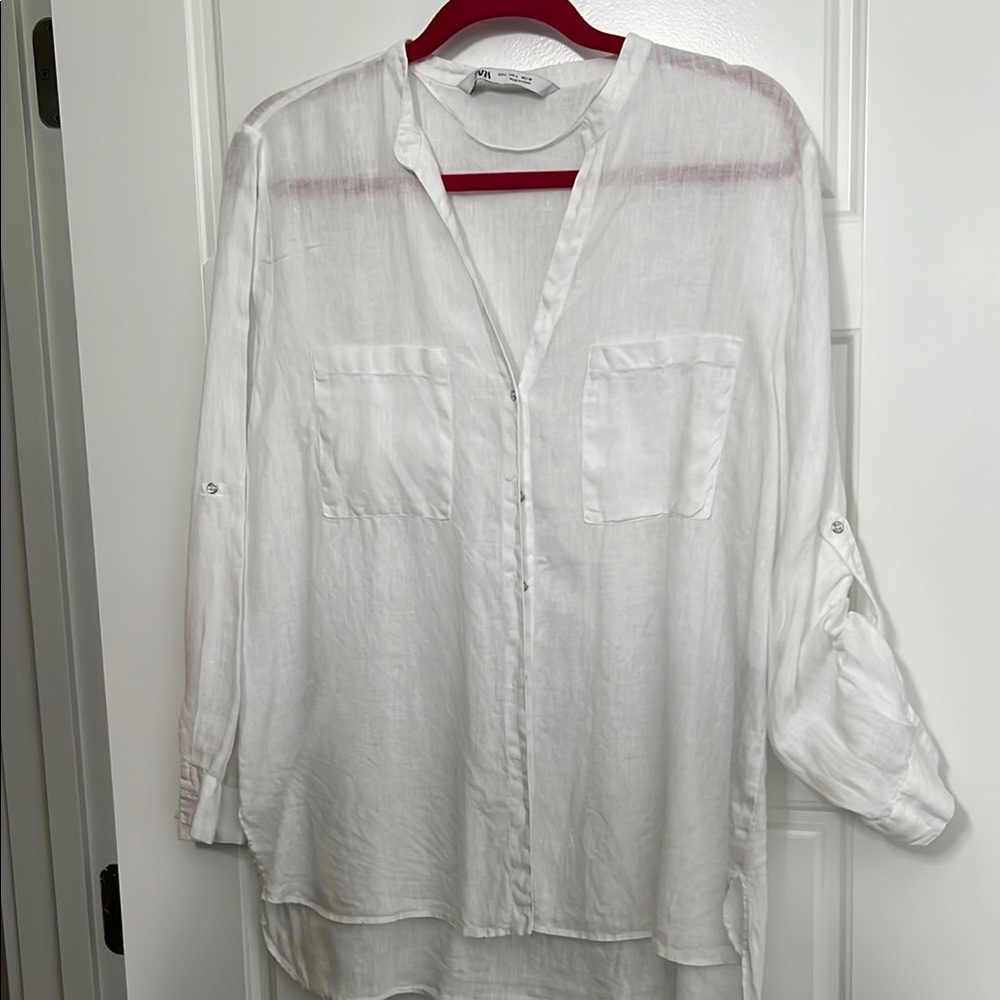 Zara White Linen Button-Down Blouse